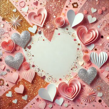 Naklejki Valentines day, paper glitter and Hearts background. design for background, copy space 