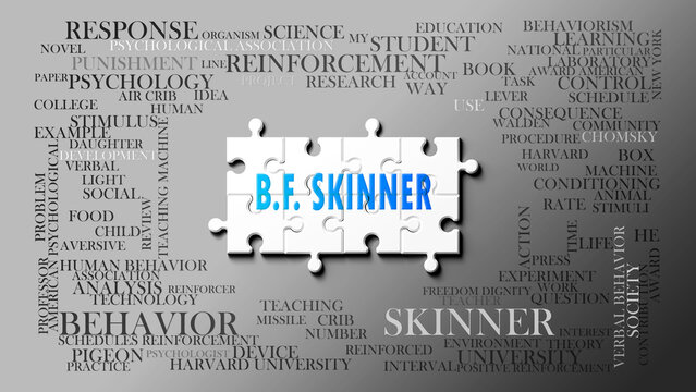 B.F. Skinner as a complex subject, related to important topics. Pictured as a puzzle and a word cloud made of most important ideas and phrases related to b.f. skinner. ,3d illustration