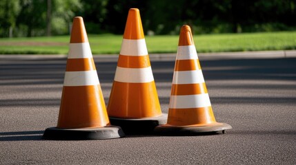 Traffic cones in different sizes stand outdoors on a street surrounded by colorful autumn trees and scattered leaves