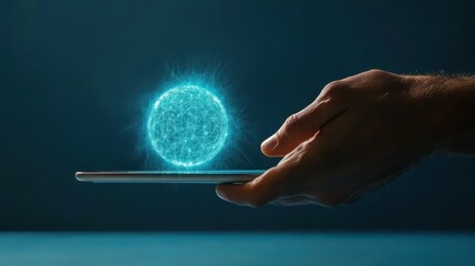 Close up of businessman hand pointing at tablet with glowing social globe hologram on blue background. Information, data and communication concept
