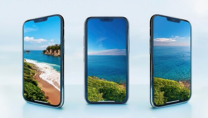 Fototapeta premium Colorful smartphones showcasing beautiful coastal views of vibrant seascapes against a serene blue background