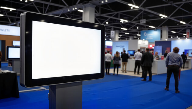 Blank digital display screen at a busy trade show with people interacting