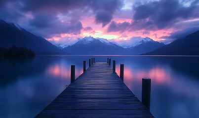 Fototapeta premium Wharf Disappearing Into the Darkness, with an Infinite Sky and Distant Glowing Mountains