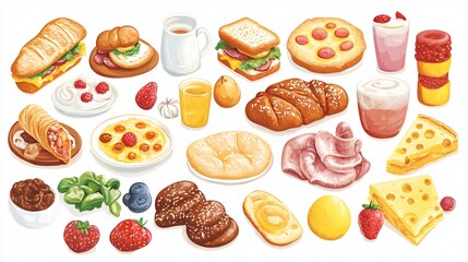 Whimsical Breakfast Food Cartoons Wide Angle Centered Composition