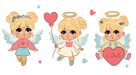 Set of cute angels with blond hair, girls, for Valentine's Day, February 14, stickers, postcard design, heart, wings, vector.