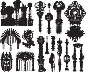 A set of minimalistic steampunk silhouettes for flat design. Hand drawn vector illustration
