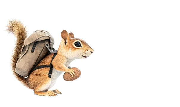 Squirrel Backpacker carries nut, forest background, mascot