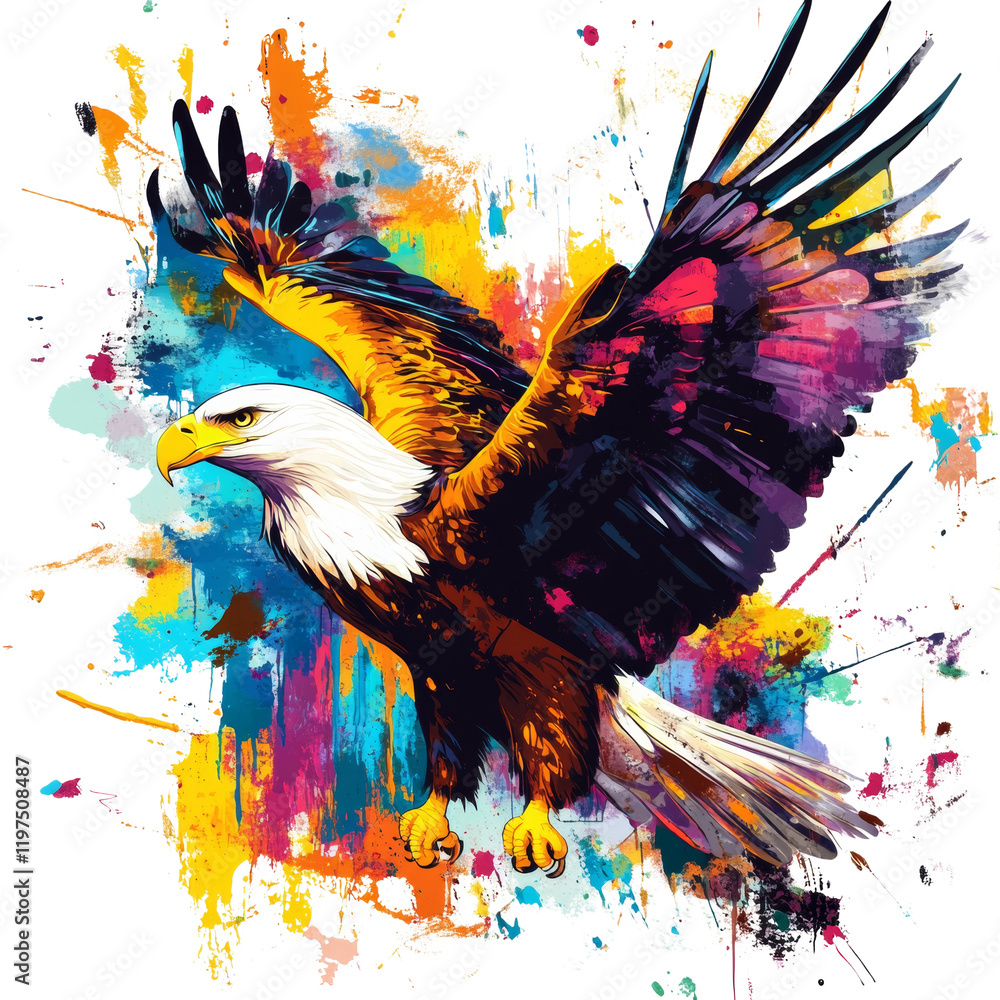 Poster a vibrant abstract painting depicts a bald eagle in flight against a backdrop of colorful paint spla