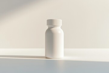 White pill bottle stands alone on a bright surface, illuminated by soft natural light in a minimalist setting