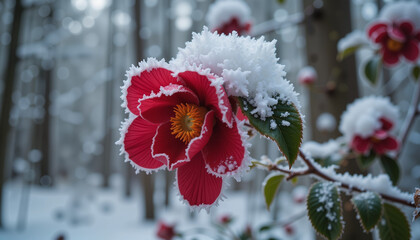 Close-up of a red camellia flower covered in snow and frost in a winter forest