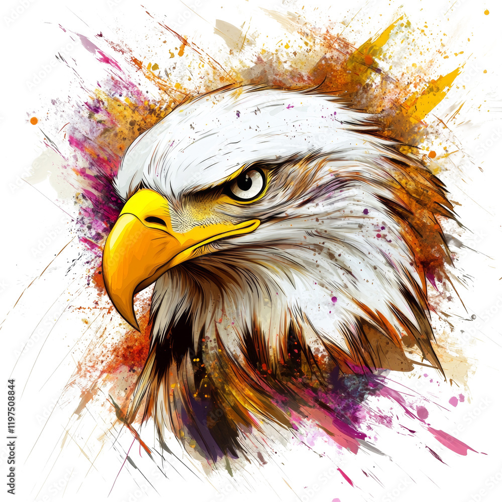 Poster a stylized portrait of a bald eagle head set against a vibrant abstract background of paint splatter