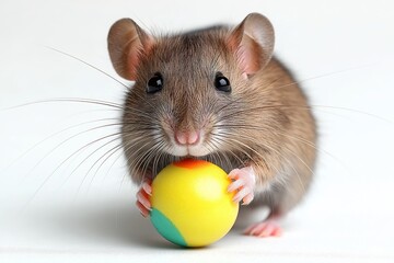 A cute rat playing with a colorful ball, showcasing its playful nature. This adorable rodent captures joy while engaging with its favorite toy.