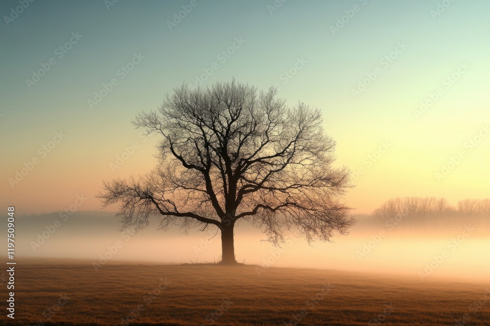 Poster Misty sunrise landscape with a solitary tree in an open field with ample space for text overlay. Generative AI