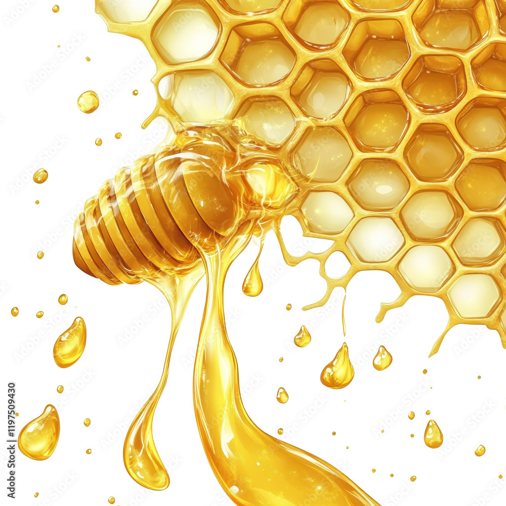 Poster A digital image showcasing honey pouring from a honeycomb, emphasizing its golden color and viscous texture.