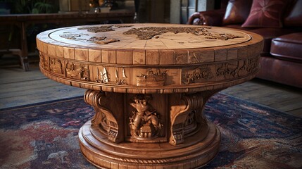 Intricately Carved Wooden Coffee Table Featuring a World Map