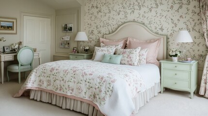Fototapeta premium Floral Bedroom Interior Design Pastel bedding, elegant furniture, wallpapered walls, home office corner