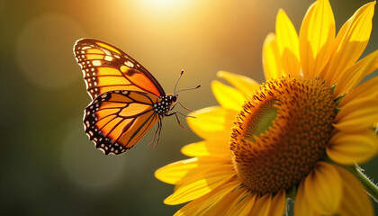 Fototapeta premium Butterfly taking flight from sunflower in sunlight, nature's beauty, Butterflies in Meadow, Spring Equinox
