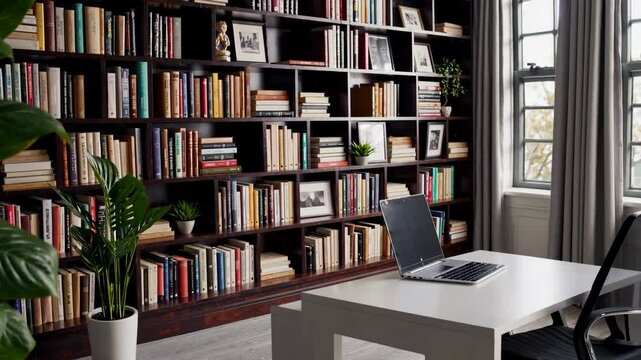 well-lit office room with a stylish bookcase