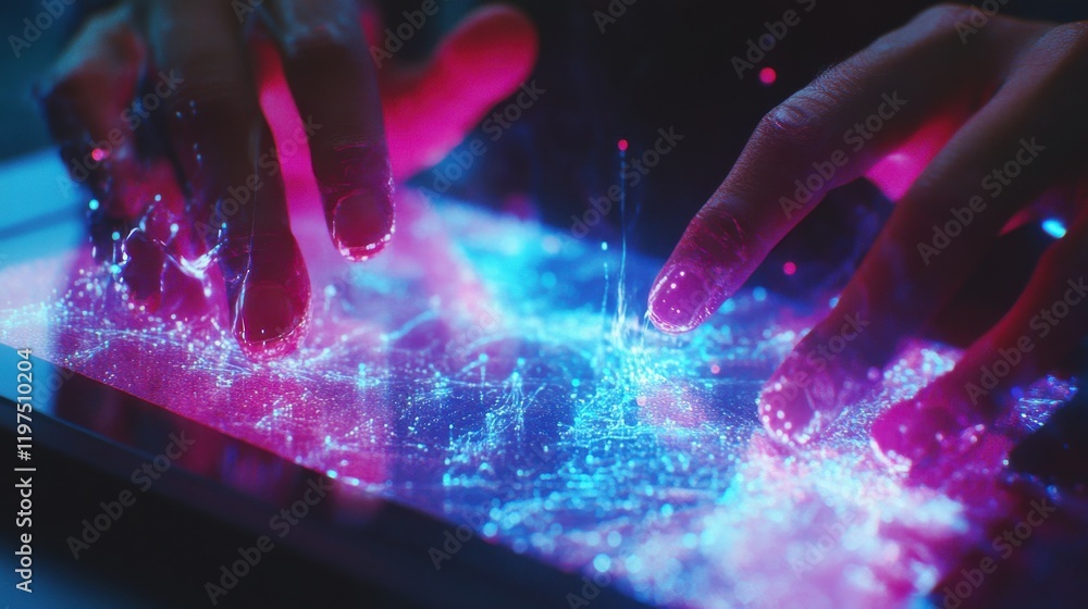 Poster close up of hands using digital pad with creative glowing blockchain hologram on blurry desktop back