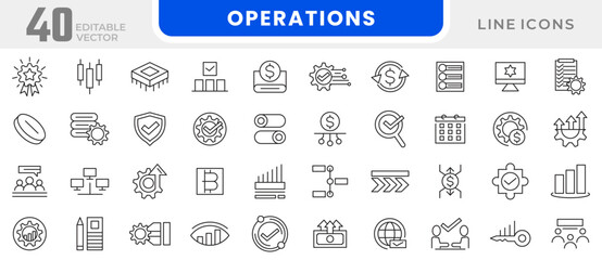 Operations line icon set. Gear, adjustments, setup, preferences, containing options, controls, service, operation, automation, productivity line icon set. UI thin line icon pack.
