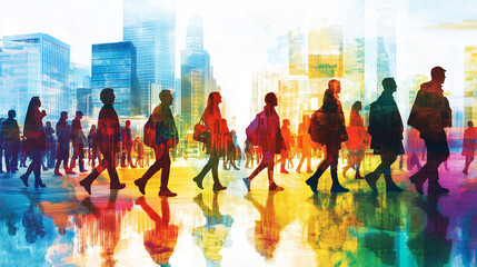 Multicolored silhouettes of people walking in a bustling cityscape, representing diversity, modern life, and community in vibrant artistic style