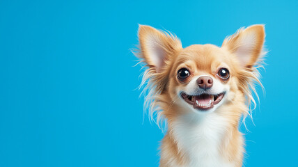 Obraz premium Youthful dog with a charming smile and captivating eyes, Youthful Chihuahua with charming smile against bright blue background