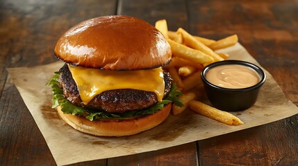  A delicious-looking cheeseburger with a side of crispy fries and a creamy dipping sauce, all presented on a rustic wooden surface.