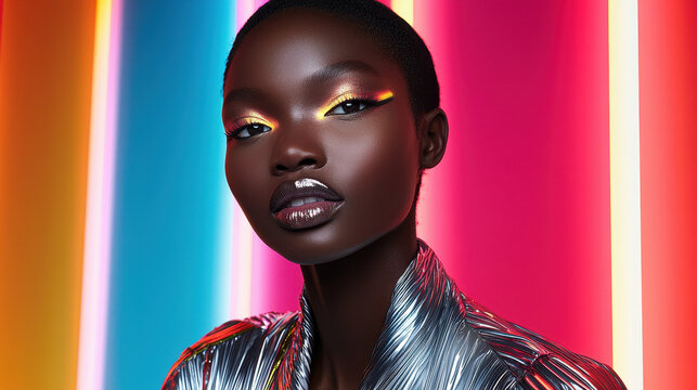 Futuristic fashion model showcasing sleek metallic attire with glowing accents against vibrant neon lights, highlighting 2050 fashion trends in cinematic detail