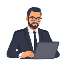 A professional man in a suit uses a laptop, portraying a business or corporate atmosphere.