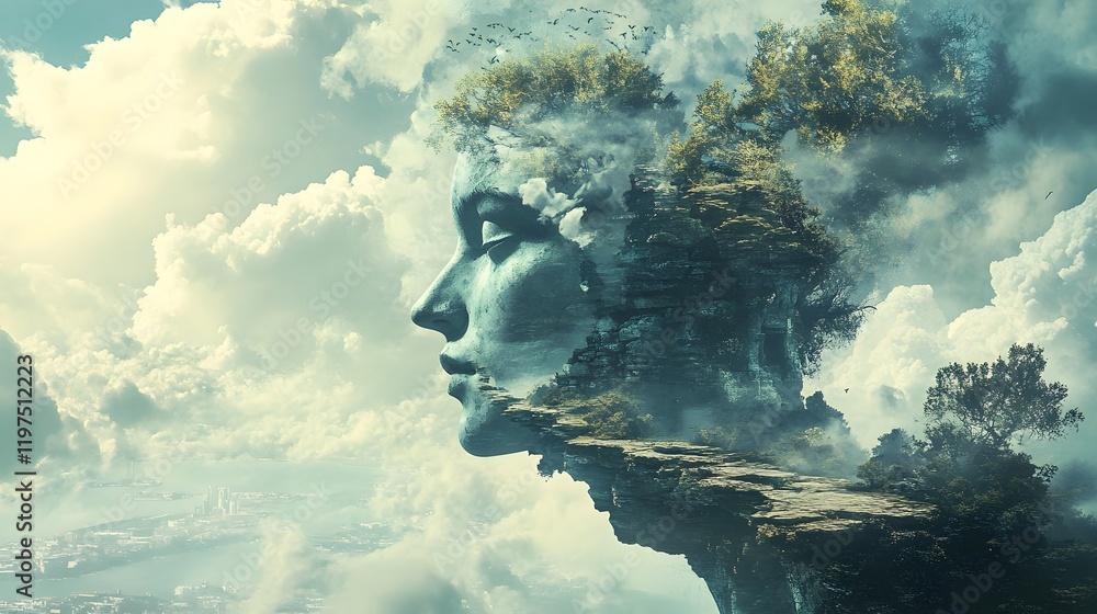 Poster dreamlike landscape of a serene face merging with nature, clouds, and rocky terrain in a surreal com