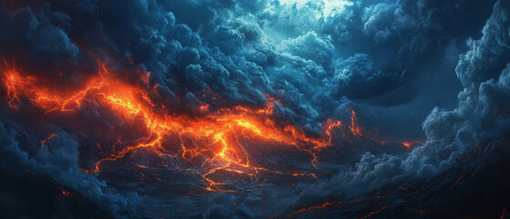 Fototapeta premium Dramatic volcanic lightning storm illuminating fierce lava flow against dark clouds