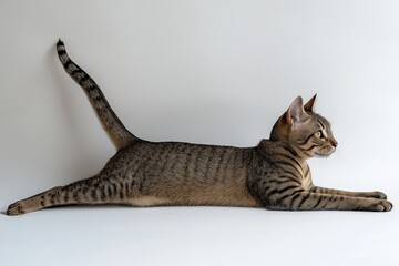 Naklejka premium A cat loosening up in a relaxed stretch, showcasing its playful and flexible nature. This pose highlights the cat's agility and comfort in its space.