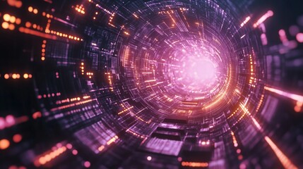 Fototapeta premium Futuristic Sci-Fi Digital Tunnel with Glowing Lights and Patterns