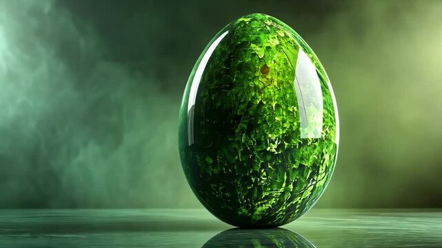 Elegant green easter egg in misty forest setting reflecting on water surface - celebrating nature and renewal concept