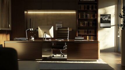 Modern Executive Office: Sunlit Desk, Rich Wood, and Bookcase