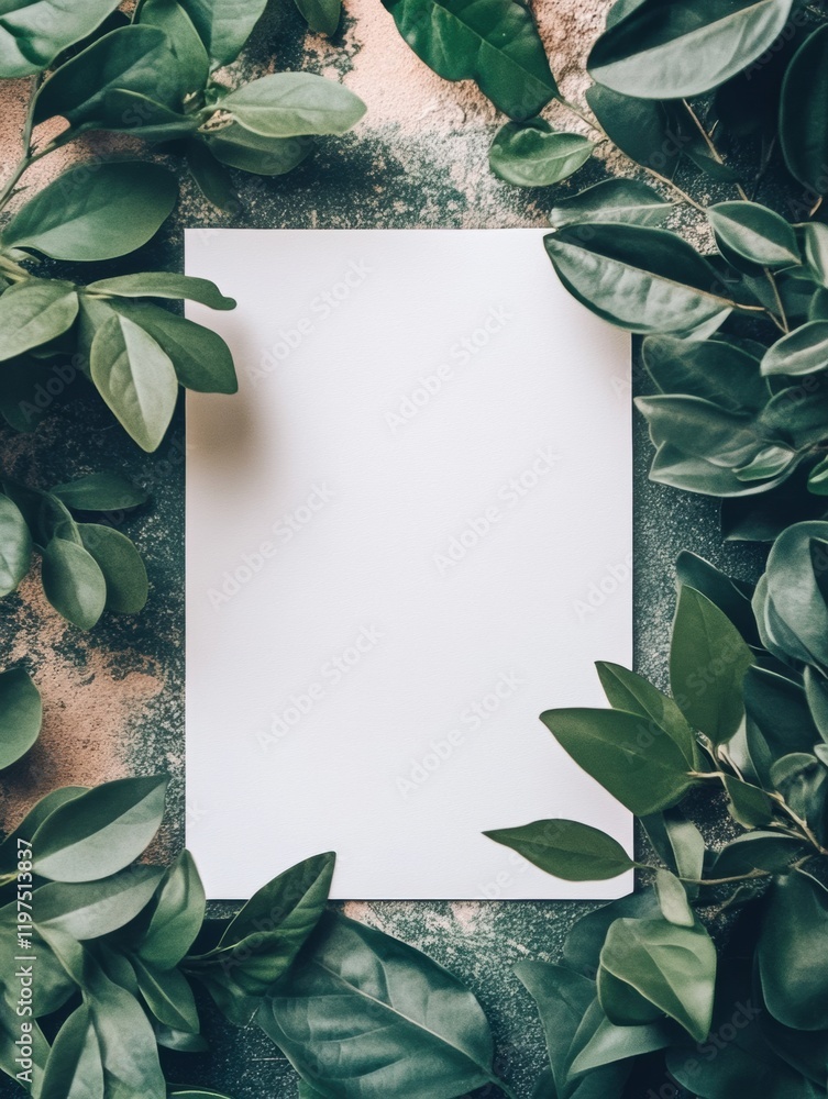 Leinwandbilder blank sheet of paper surrounded by fresh green leaves on textured background for creating simple des