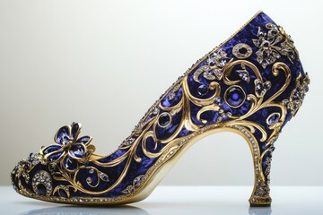Jewel-encrusted blue velvet high-heel shoe on white background, studio shot, luxury fashion detail