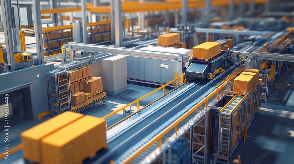 Poster automated warehouse interior with sorting systems and busy activity