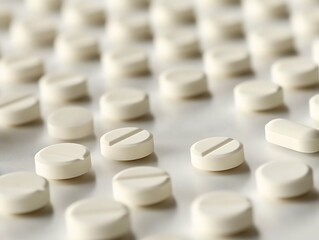 A detailed close-up of white medication pills with visible grooves, arranged neatly on a flat surface, emphasizing their smooth texture and precision design for easy identification and use.
