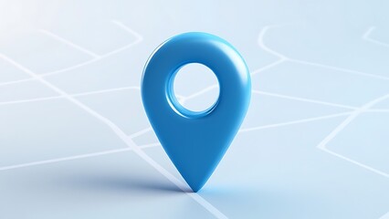 Blue location 3d icon marker or route gps position navigator sign and travel navigation pin road map pointer symbol isolated on white street address background with point direction discovery tracking.