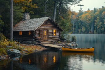 Cozy Log Cabin by Lake Autumn Scenery Peaceful Retreat
