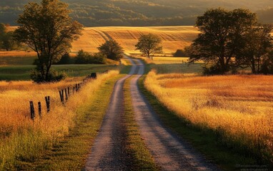 Fototapeta premium A calm country road surrounded by golden fields at sunset, with the warm light casting long, soft shadows over the path, evoking a sense of tranquility and solitude 