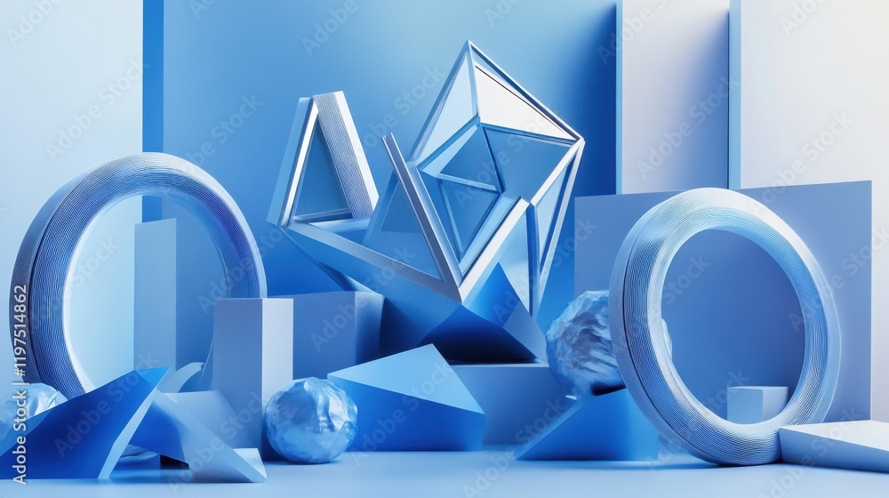 Poster digital blue geometric figures at abstract technology background. 3d rendering