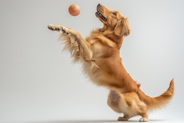A playful golden retriever leaps joyfully, showcasing its skills in a ball retrieval game, filled with energy and excitement for the chase.