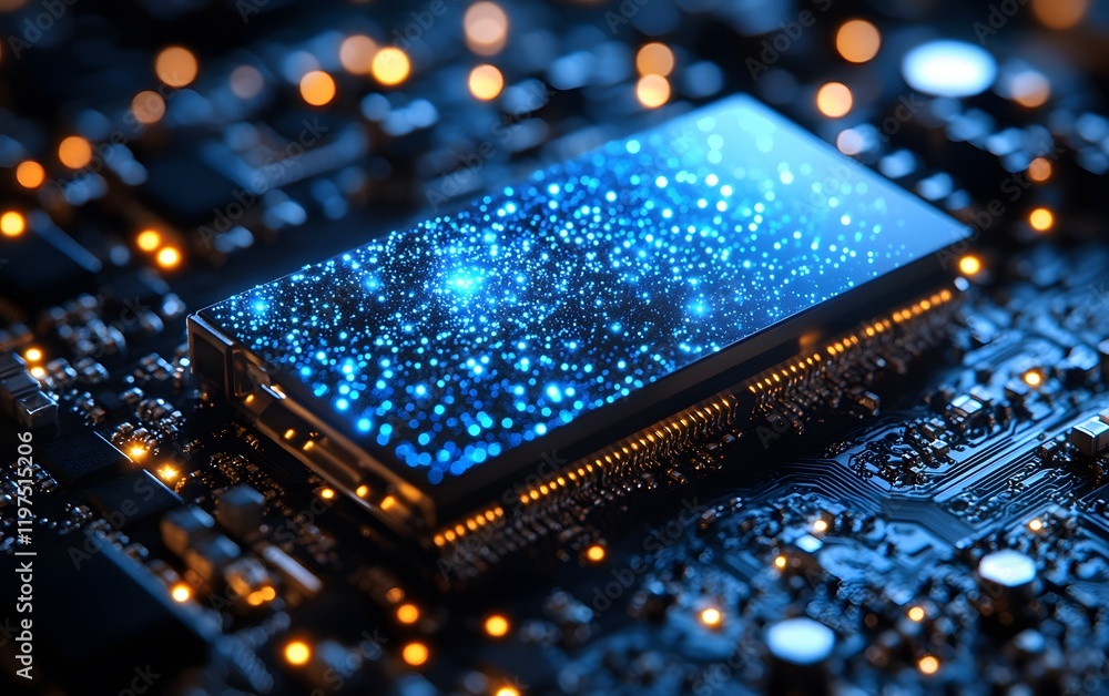 Poster a close-up of a computer motherboard featuring a glowing, futuristic display screen filled with vibr