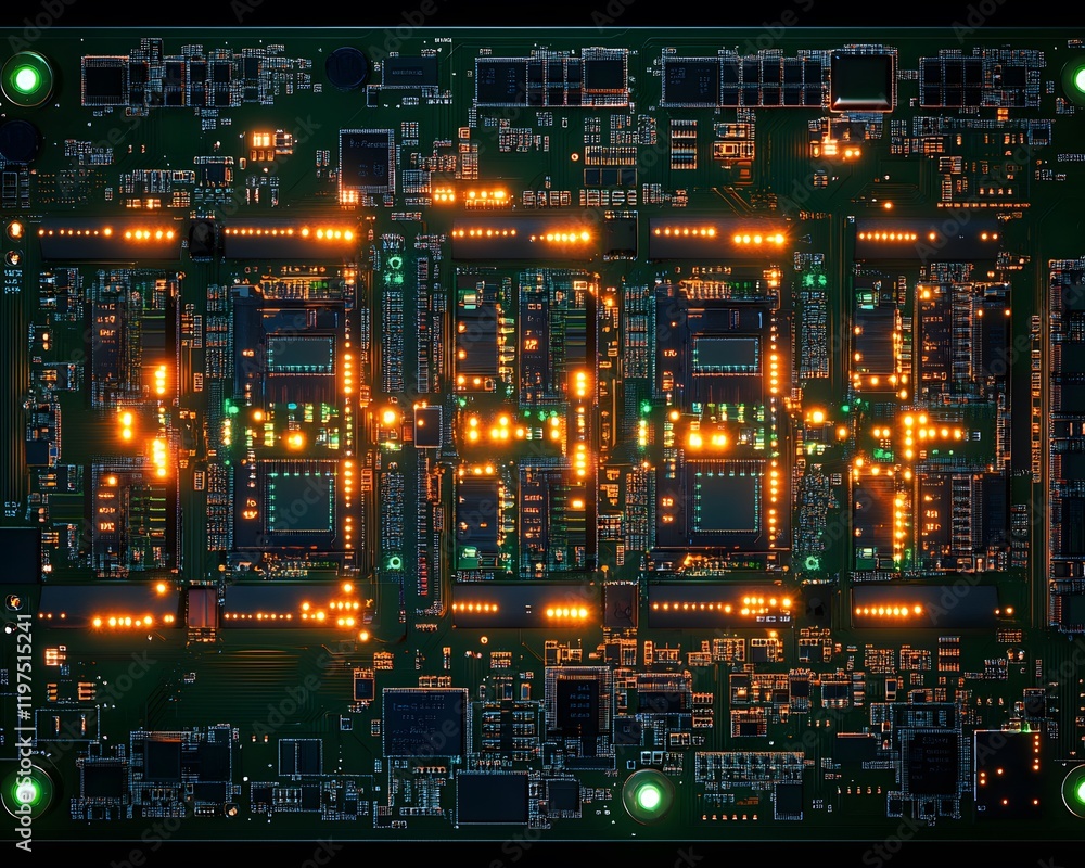 Poster a close-up of a glowing circuit board, showcasing intricate patterns and glowing lights, representin