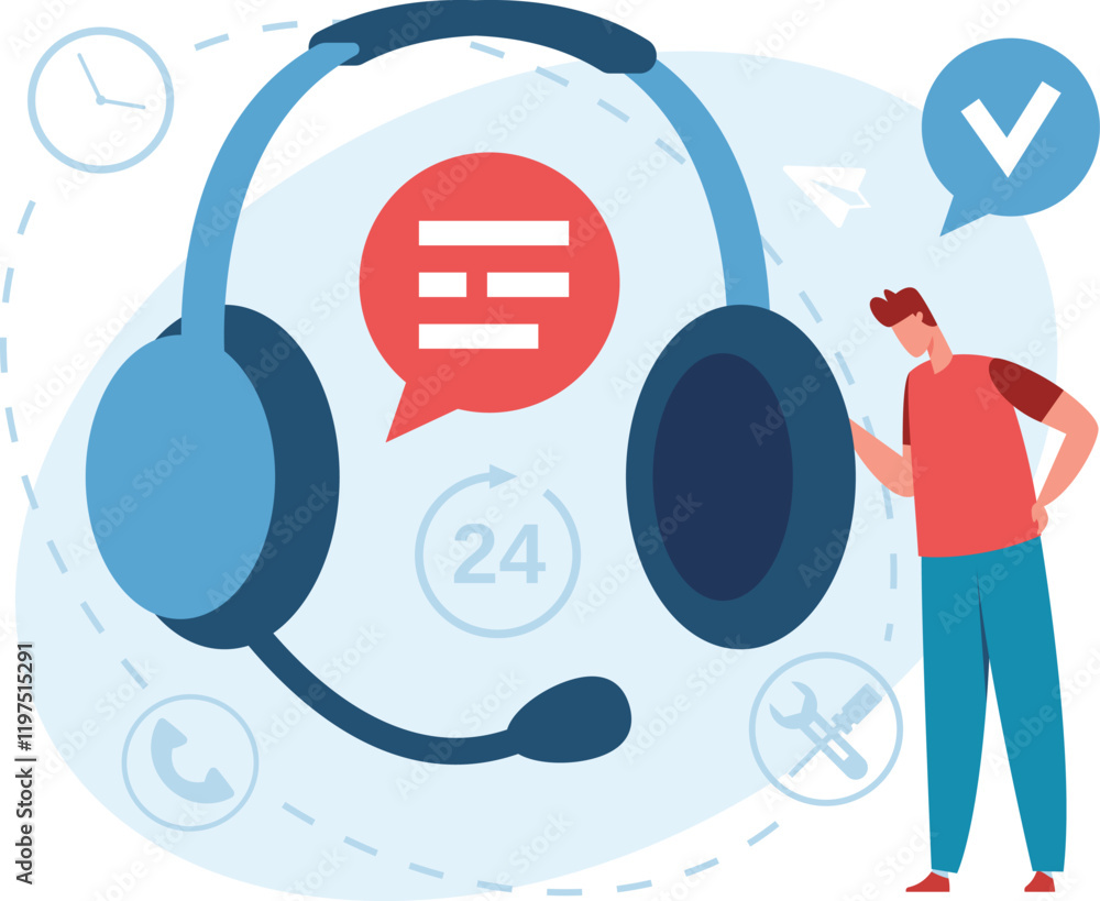 Poster headset with microphone and speech bubble representing online support and customer service operator 