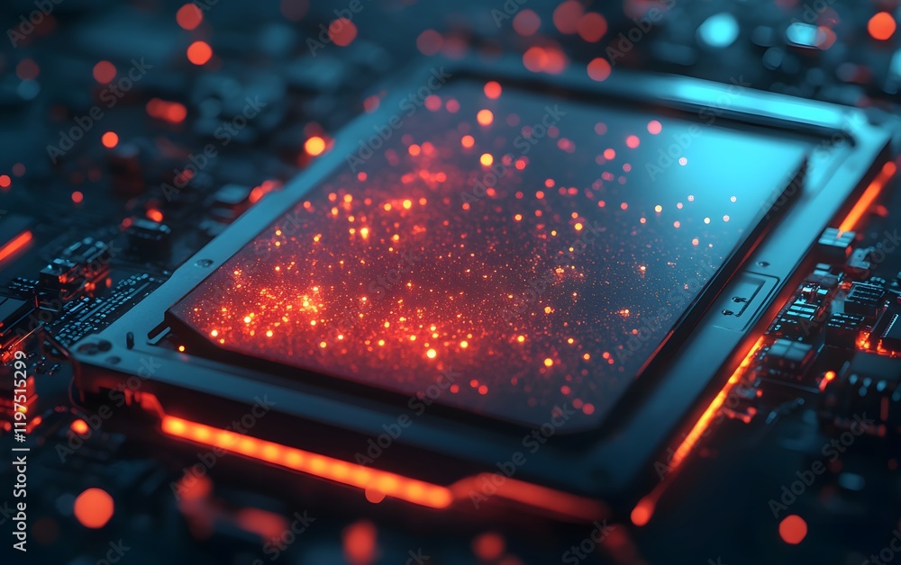 Poster a close-up of a futuristic circuit board featuring glowing particles, illustrating advanced technolo
