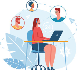Friendly female call center agent providing 24h online customer service, using laptop and headset, talking with clients, sending and receiving emails, solving problems and giving support