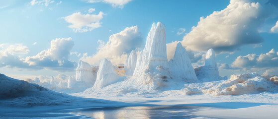 Surreal white desert landscape with striking gypsum dunes under a bright blue sky